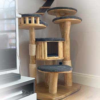 Bespoke real wood cat tree standing 5 foot 4inch tall, with 4 plinths a kitty cabin and a kitty bed