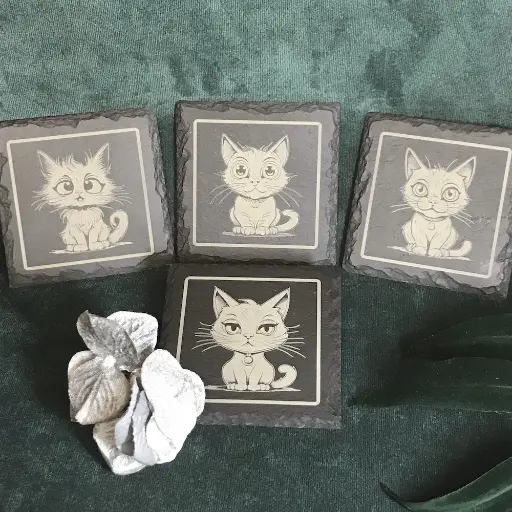 Wide Eyed Cats - Square Slate Coasters