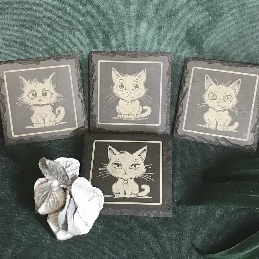 Wide Eyed Cats - Square Slate Coasters